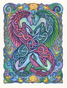 Celtic Seahorses (pen & ink, watercolour, coloured pencil)