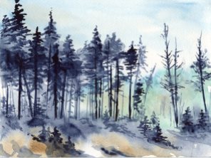 "Edge of the Woods" — I started with very light washes to build up the background and lighter tones of the foreground; the dark trees went in last.