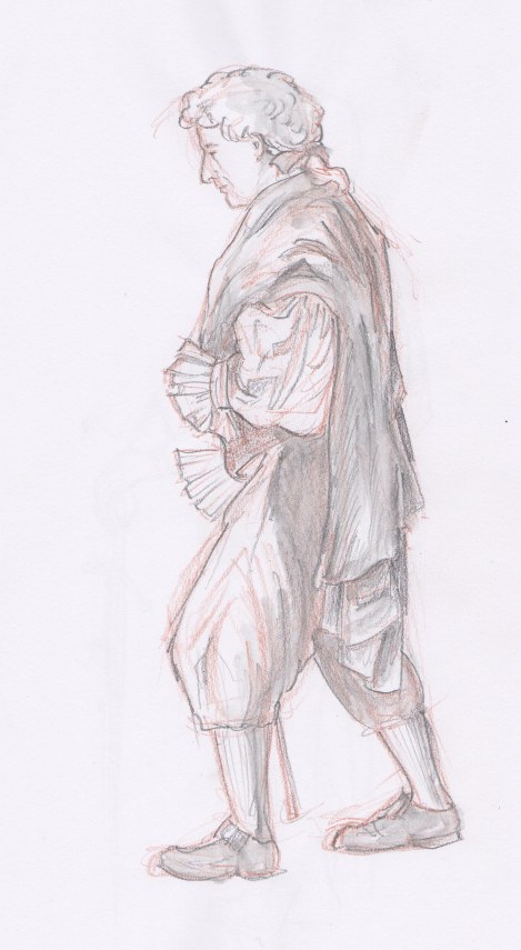 M'Lord Has Lost His Horse — fifteen minute pose — coloured pencil and water-soluble graphite pencil. A good model can evoke emotions with his or her pose. This poor aristocrat has to trudge all the way home!