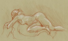 Relaxing Woman — burnt sienna and white coloured pencils on toned paper; a fifteen minute pose