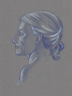 Woman in Blue — indigo and white Prismacolor pencils on toned paper