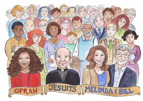 This was for a project about private vs public donors. I had great fun doing a bit of caricature of famous folks, and drawing all the people behind them—in my mind they all had interesting and unique stories. This was created in watercolour and ink, and then digitally broken apart to "pop in" different segments of the illustration. You can see the whole video here.